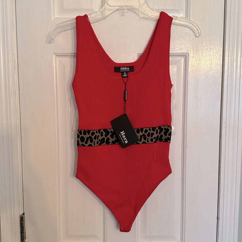 Hera Collection Red Bodysuit with Leopard Print Band